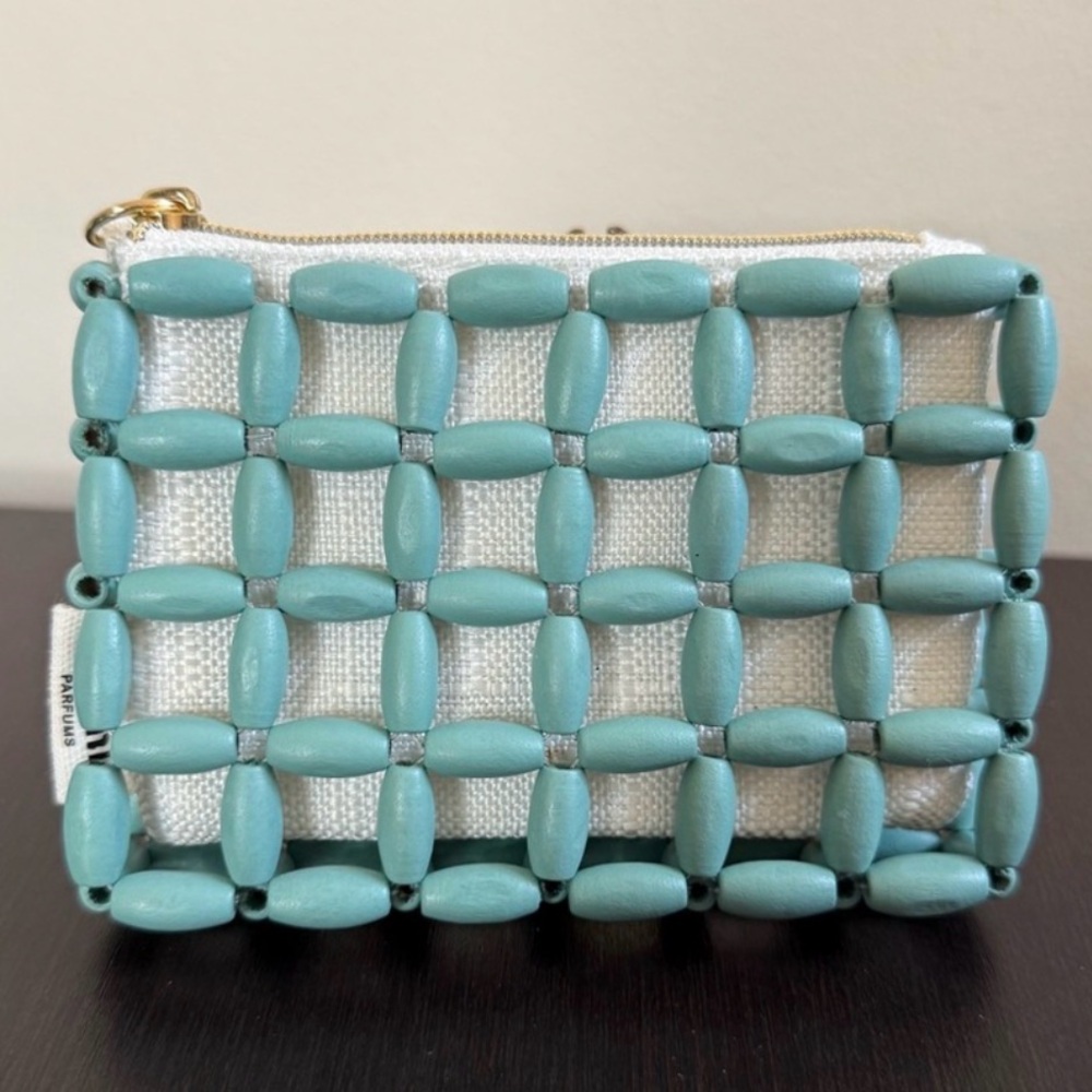 Handcrafted Turquoise Beaded Cream Wristlet Clutch